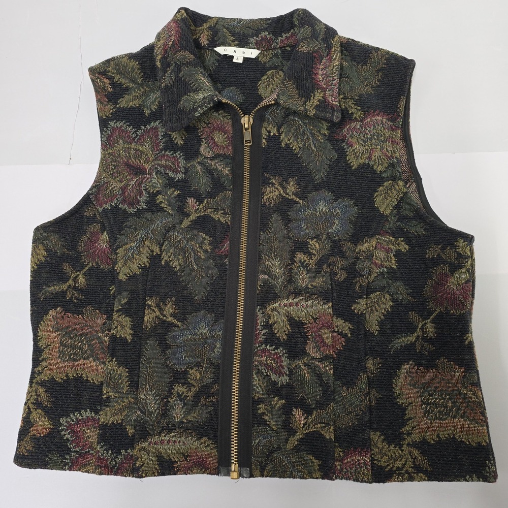 Cabi Womens Floral Tapestry Zip Up Vest Large Style 818 Dark Cottagecore‎ Boho